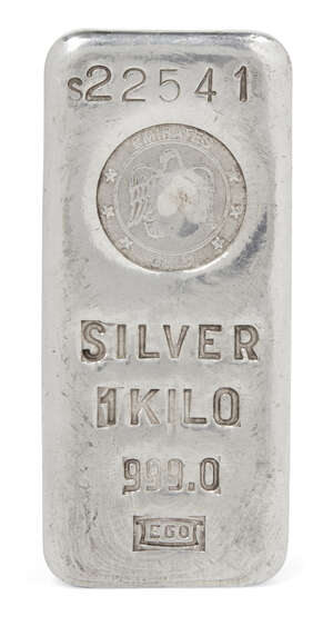 
	
		A 1kg Emirates 999 silver bar, numbered S22541 and stamped SILVER 999.0, EGO, with...