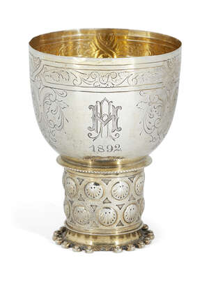 
	
		A nineteenth century small German silver cup, designed as a copy of a 17th century Dutch...