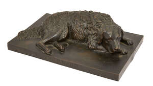 
	
		A bronze model of a reclining hound 'Bernard', French or English, dated 1855, the...