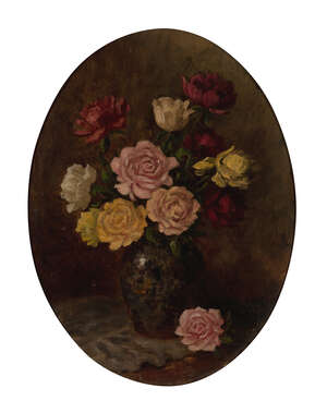 
	
		Camille Matisse, 
		French, late 19th century - 
		 
		Pink, red and white roses in a...