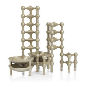 
	
		Stoff Nagel (German), a group of candle holders 
		c.1970, marks to feet of smaller...