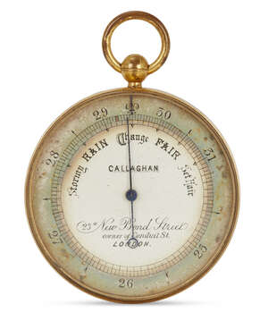 
	
		A Victorian gilt-brass aneroid barometer, by William Callaghan, London, c.1873, the...