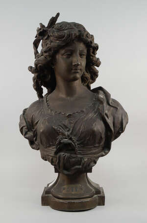 
	
		A French spelter bust of a woman representing Summer, late 19th/early 20th century, with...