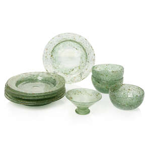 
	
		Monart Attributed, a group of green glass table wares
		20th Century, unmarked
		