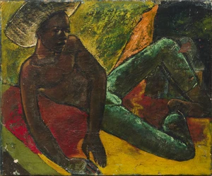 Geoffrey Holder, Trinidadian 1930-2014 - Reclining Figure (with 'Portrait of a woman' on the reverse), 1949;oil on canvas, signed and dated lower left 'G.Hol