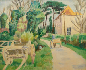 William Bernard Adeney LG, 
		British 1878-1966- 
		 
		French country lane with a cart and farm buildings; 
		 
		oil on paper/card over pencil, signed