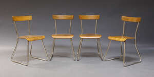 
	
		A set of four laminated birch and chromed chairs, c. 1940s, with bent laminated backrest...