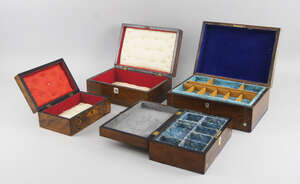 
	
		A group of four Victorian rosewood boxes, 19th century, three with mother-of-pearl inlay,...