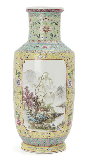 
	
		A Chinese famille rose landscape rouleau vase, Republic period, painted with large panels...