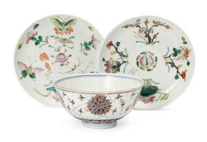 
	
		A Chinese porcelain doucai 'lotus' bowl and a pair of famille rose dishes, late 19th -...