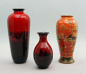 
	
		A Royal Doulton Flambé vase, 20th century, decorated  with a landscape of house in a...