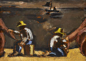 
	
		Josef Herman RA, 
		British 1911-2000-
		
		Mending the Sails; 
		
		oil on canvas,...