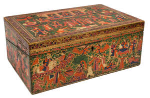 
	
		A large Kashmiri pictorial lacquered papier mache wooden writing box, North India, circa...