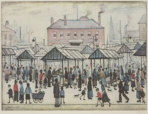 
	
		Laurence Stephen Lowry RBA RA, 
		British 1887-1976- 
		 
		Market scene in a Northern...