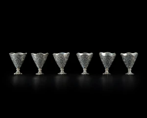 Six nielloed white metal cup holders (zarfs),&nbsp;Ottoman Turkey or Provinces, or possibly Russia...