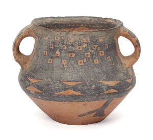 
	
		A Chinese pottery vase, Neolithic period, Majiayao Culture, with two strap handles,...