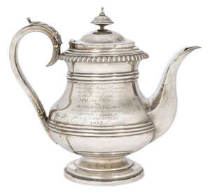 
	
		A George IV silver teapot, London, c.1826, Richard Pearce & George Burrows, of rounded...