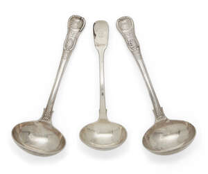 
	
		A pair of Irish silver sauce ladles, Dublin, c.1827, Thomas Farnett, of king's pattern...