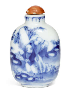 
	
		A Chinese blue and white 'boys' snuff bottle, mid Qing Dynasty, of flattened baluster...