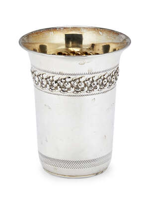 
	
		A silver Kiddush cup, stamped ST925, of plain, cylindrical form with a single floral...