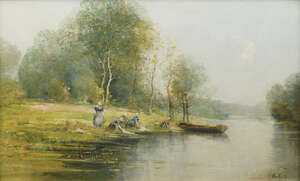 
	
		Louis Van Lint, Belgian 1909-1986- Washerwomen with a boat on the shores of a tranquil...