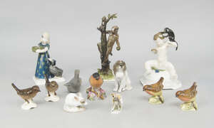 
	
		A group of German, English and Danish porcelain animals and figures, 20th century,...