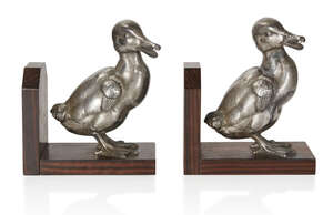 
	
		Designer Unknown, 
		 
		Pair of Art Deco duckling bookends, circa 1930, 
		Silvered...