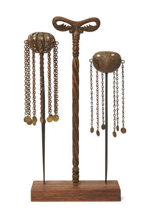 
	
		A dervish's instruments, Turkey, 19th-early 20th century, comprising a dervishes crutch...