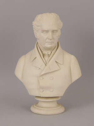
	
		A Copeland Parian bust of a man, after a bust by J. Sherwood Westmacott, inscribed and...