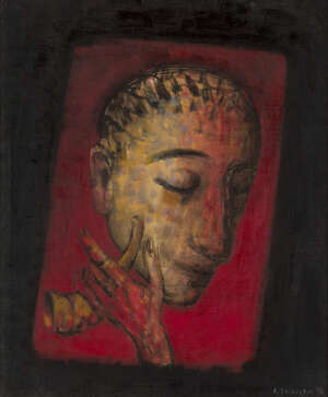 
	
		Adomas Jacovskis, 
		Lithuanian b.1948- 
		 
		Portrait of a man and Shofar, 1996;...