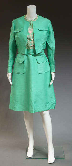 
	
		A collection of designer suits and jackets, to include a Louis Feraud silk dress and...