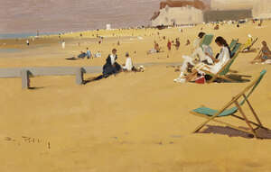 
	
		Roy Petley, 
		British b.1950 - 
		 
		Beach scene; 
		 
		oil on board, signed lower...