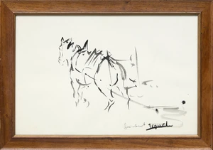 Christian Jequel,&nbsp;French b.1935 -&nbsp;Horse and harness;&nbsp;ink on paper, signed and dedicated lower...