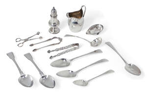 
	
		A group of Georgian silver items including: a small silver caster, London, c.1776, Thomas...