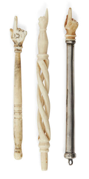 
	
		A small Torah pointer with ivory hand finial, probably 19th century, apparently unmarked,...
