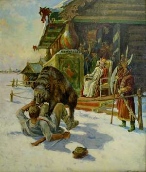 
	
		Vasily Vasilevich Golikov, Russian 1921/25-2003- Bear bating contest; oil on canvas,...