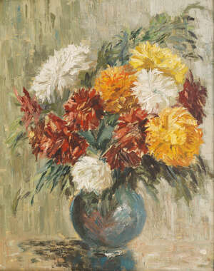 
	
		Mandy Imber, British, mid/late 20th Century- Floral study; oil on canvas board,...