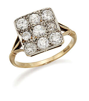 
	
		A diamond square cluster panel ring, composed of nine old brilliant-cut diamonds, to...