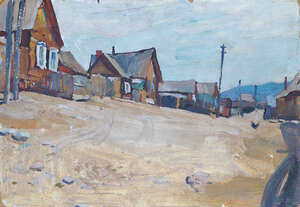 Russian School, 
mid 20th century- 
 
Village scene; 
 
oil on board, inscribed in pencil verso,...