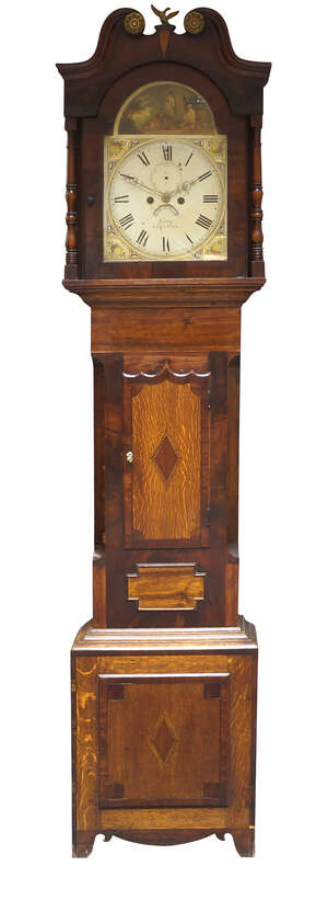A Victorian oak and mahogany longcase clock by Grey of Leicester, the hood with swan neck...