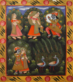 
	
		An Indian painting of Krishna and his consort flanked by female attendants, late...