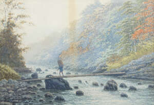 
	
		Ginnosuke Yokouchi, Japanese 1870-1942- Man crossing a wooden bridge; watercolour, signed,...