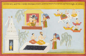 
	
		An illustration from the Ramayana, North India, Udaipur, 1700-1710, opaque pigments and...