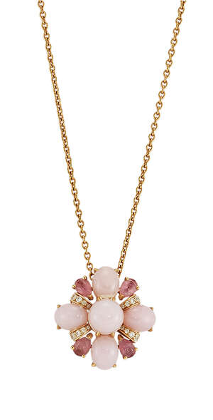 A diamond and gem pendant necklace, by Chanel, designed as a cabochon pink hardstone quatrefoil...