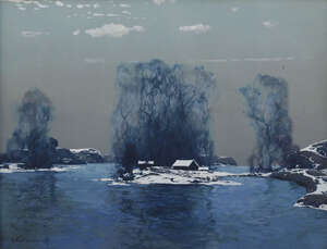
	
		Stepan Fedorovich Kolesnikov, 
		Russian 1879-1955- 
		 
		Winter river landscape;...