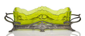 
	
		WMF, a German Art Nouveau metal and green glass centrepiece  
		c.1905, stamped maker's...