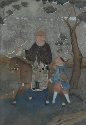 
	
		A Chinese reverse glass painting, Qianlong period, depicting a travellor on horseback...