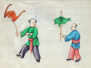 
	
		Nine Chinese gouache paintings on rice paper, early 20th century, each painted with two...