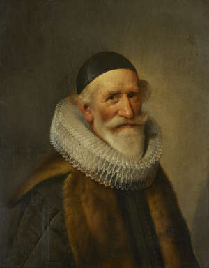 Willem Willemsz. van der Vliet, 
		 
		Dutch c.1584-1642- 
		 
		Portrait of a man, aged 52, traditionally identified as Reinier Pauw, in black embroider