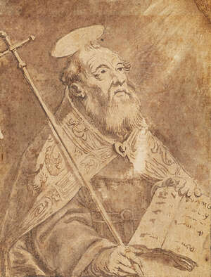 Follower of Cornelius Galle, 
		Flemish 1576-1650- 
		Portrait sketch of a Saint, possibly St Philip; 
		pen and black ink and brown wash on paper, with ins